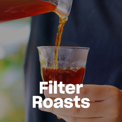 Person pouring coffee from a carafe into a clear glass with 'Filter Roasts' text overlay.