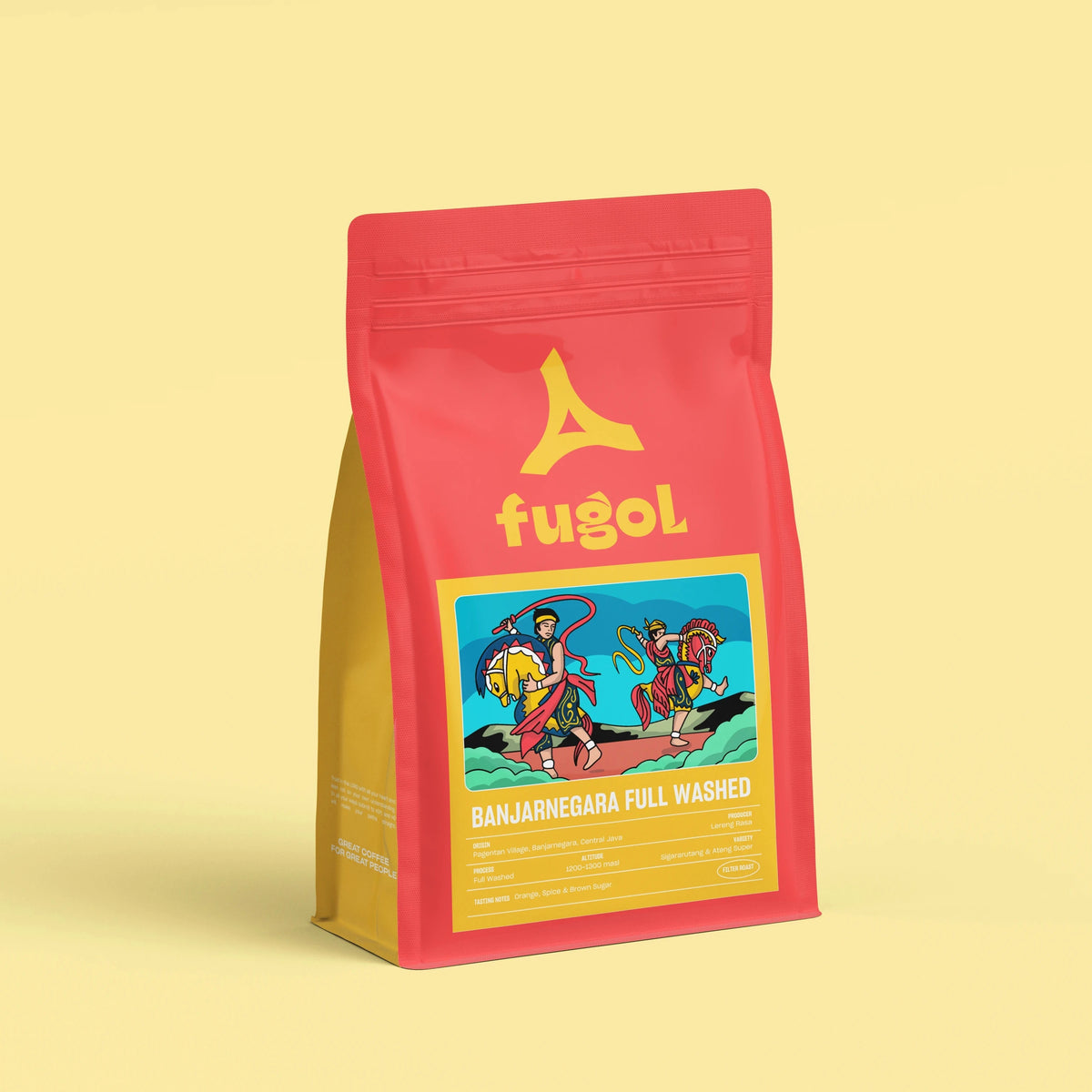 A red stand-up pouch of Fugol Banjanegara Full Washed coffee, featuring a yellow logo and a colorful illustration on the front, set against a solid pale yellow background.