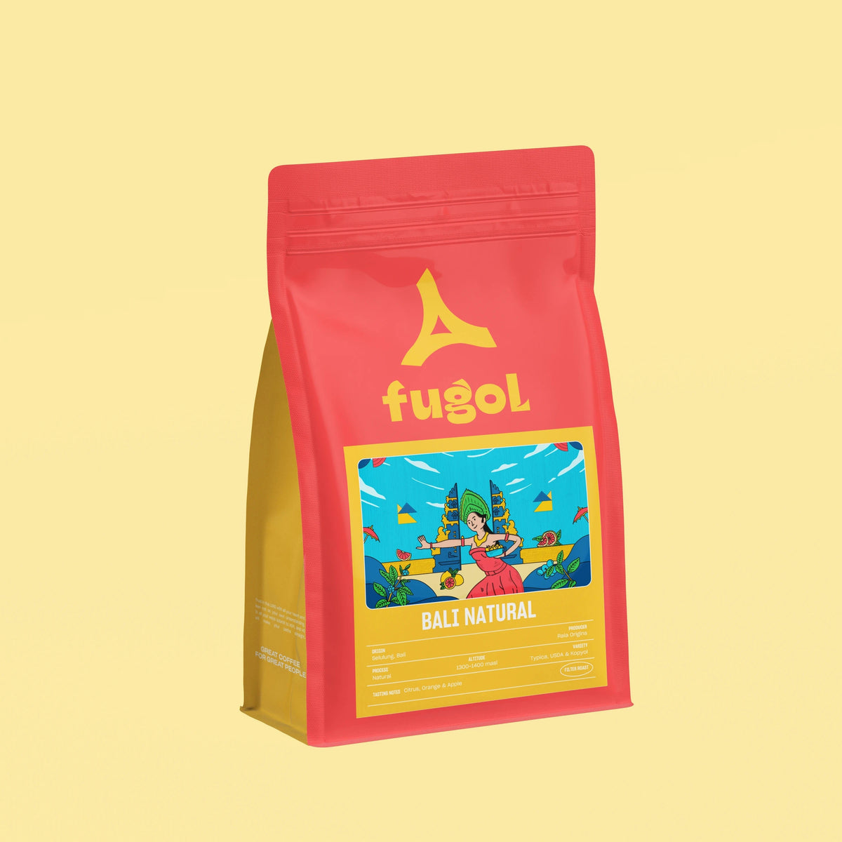A red stand-up pouch of Fugol Bali Natural coffee on a solid pale yellow background. The packaging features a yellow logo and a colorful illustration of a tropical island scene on the front label.