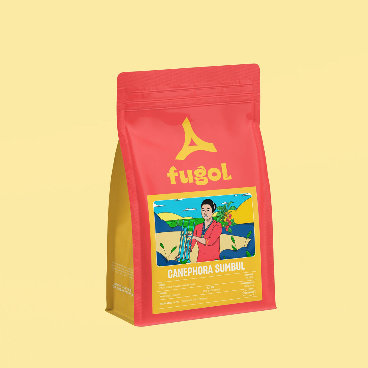 A red stand-up pouch of Fugol Canephora Sumbul coffee beans, featuring a yellow logo and a colorful illustration on the front, set against a solid pale yellow background.