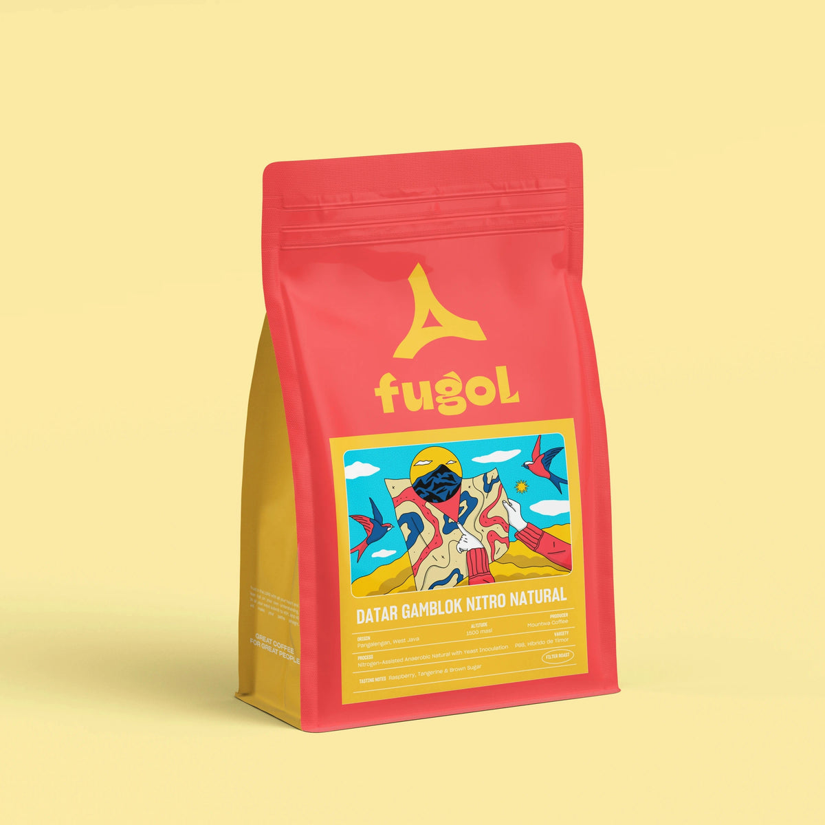 A red stand-up pouch of Fugol brand 'Datar Gamblor Nitro Natural' dog food, featuring a yellow side panel and a colorful cartoon illustration on the front, set against a solid pale yellow background.