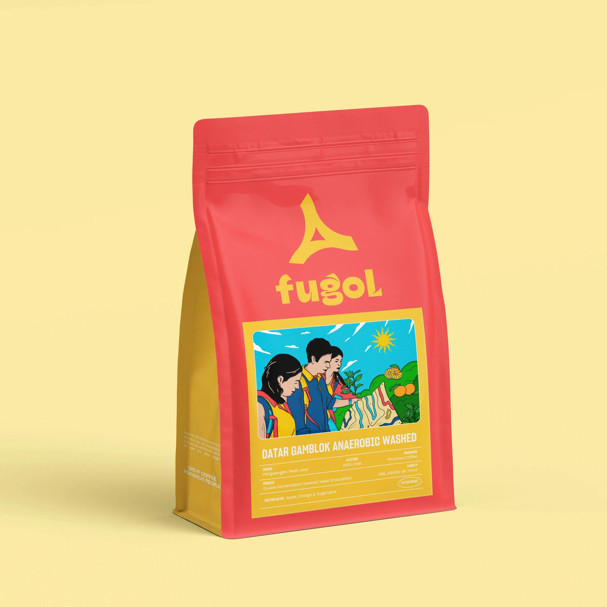 A red stand-up pouch of Fugol coffee with a yellow side panel and a colorful illustrated label, shown on a solid pale yellow background.