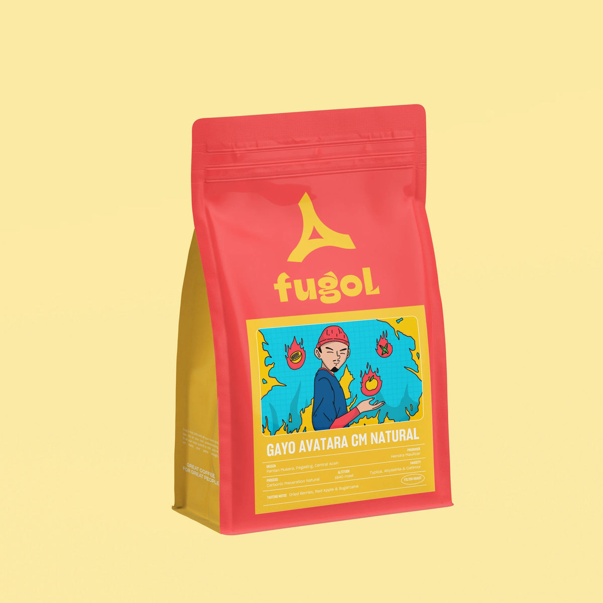 A red stand-up pouch of Fugol Gayo Ayataa Oh Natural coffee, featuring a yellow logo and a colorful cartoon illustration on the front, set against a solid pale yellow background.