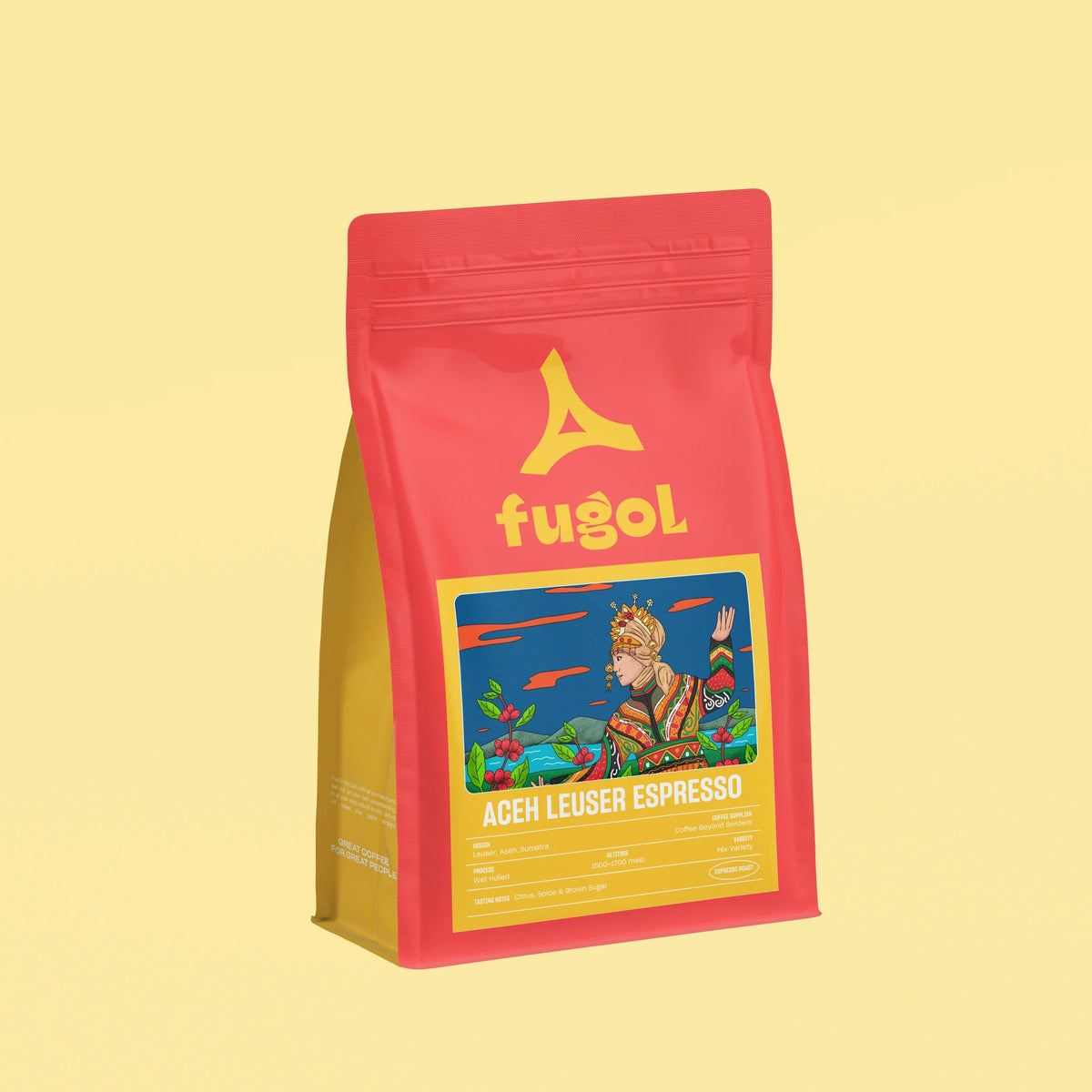 A red stand-up pouch of Fugol Aceh Leuser Espresso coffee on a solid pale yellow background. The packaging features a yellow logo and a colorful illustration of a monkey on the front label.
