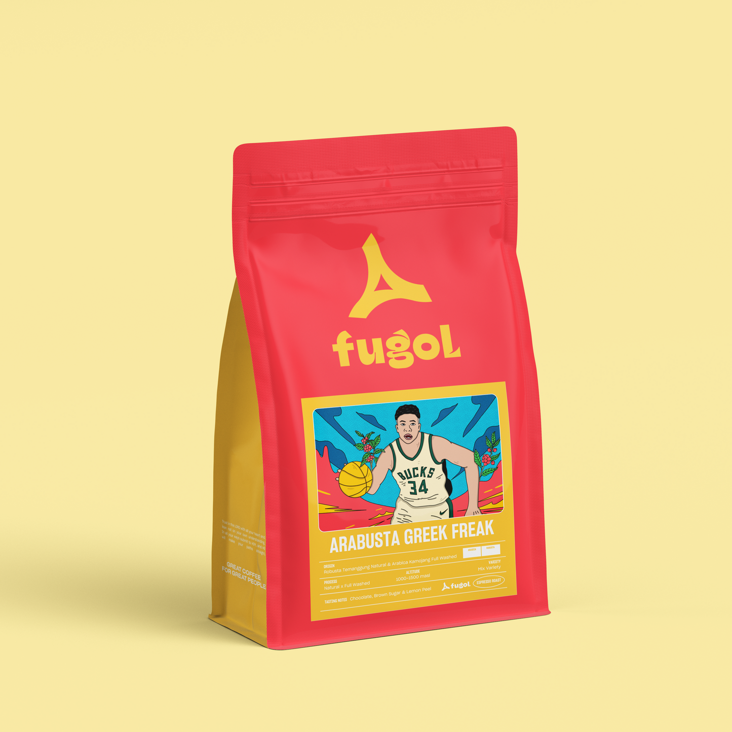 Red and yellow coffee bag with 'fugol' branding on a light yellow background