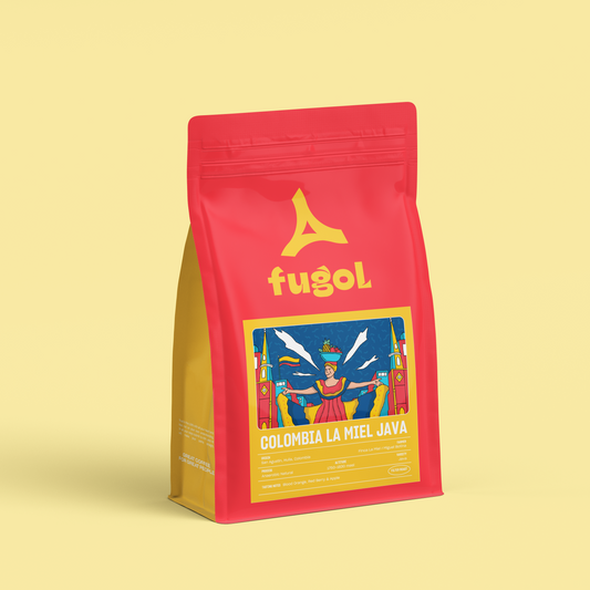 Red and yellow coffee bag with 'fugol' branding on a light yellow background