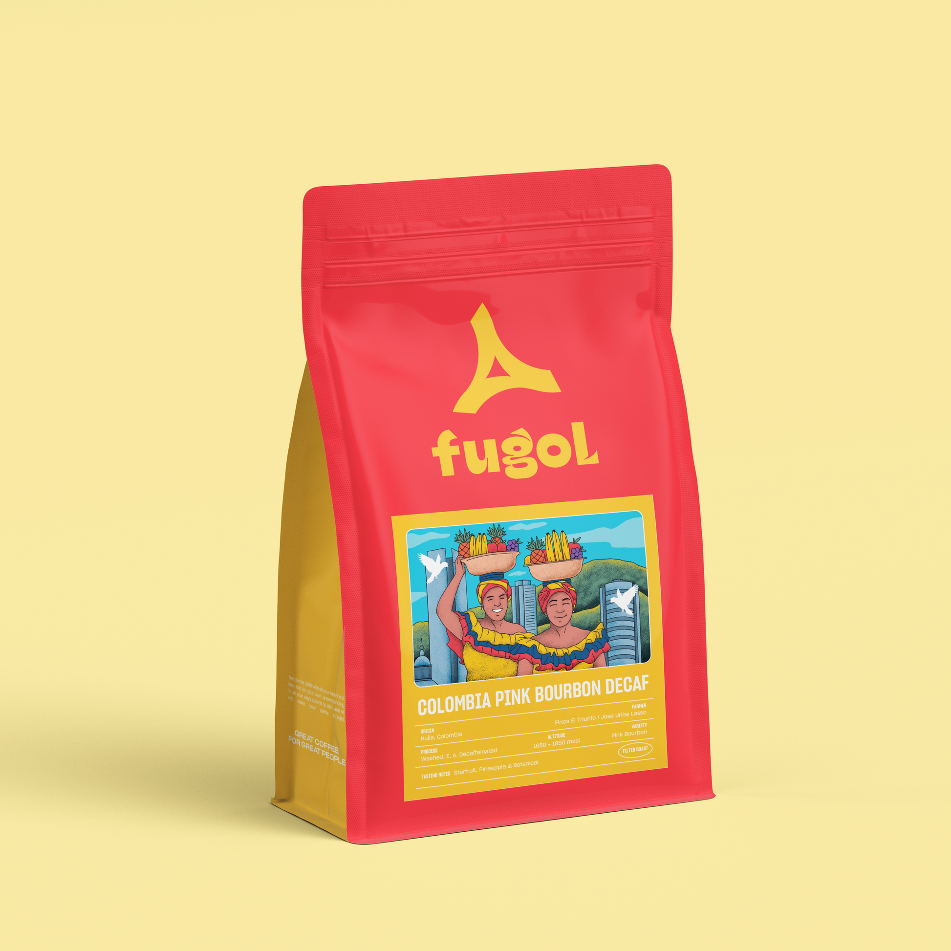 Red and yellow coffee bag with 'fugol' branding on a light yellow background