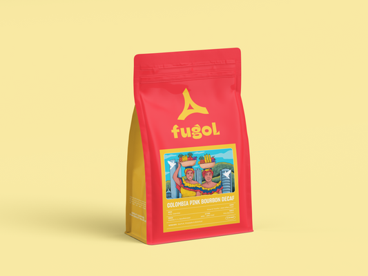 Red and yellow coffee bag with 'fugol' branding on a light yellow background