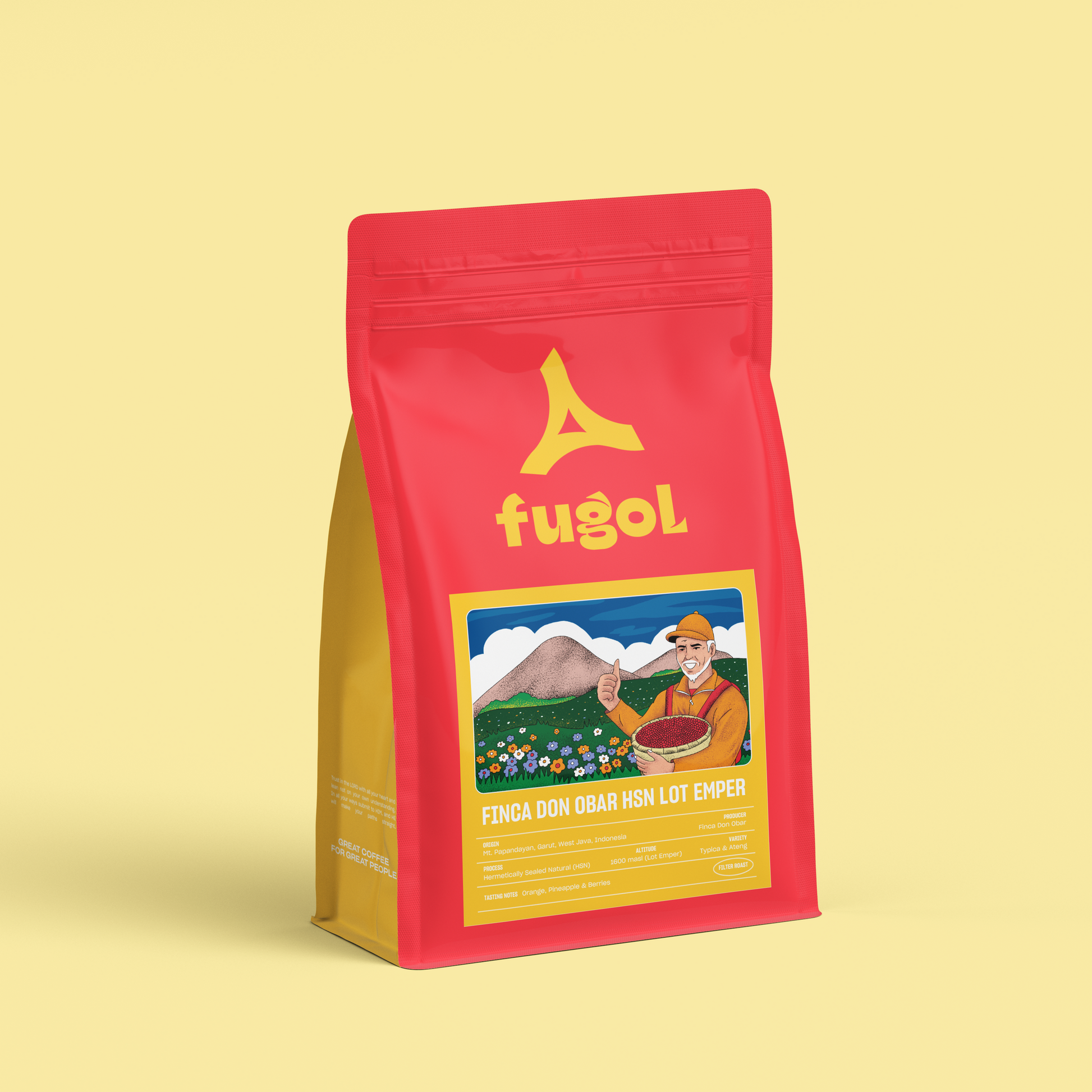 Red and yellow Fugol coffee bag on a light yellow background
