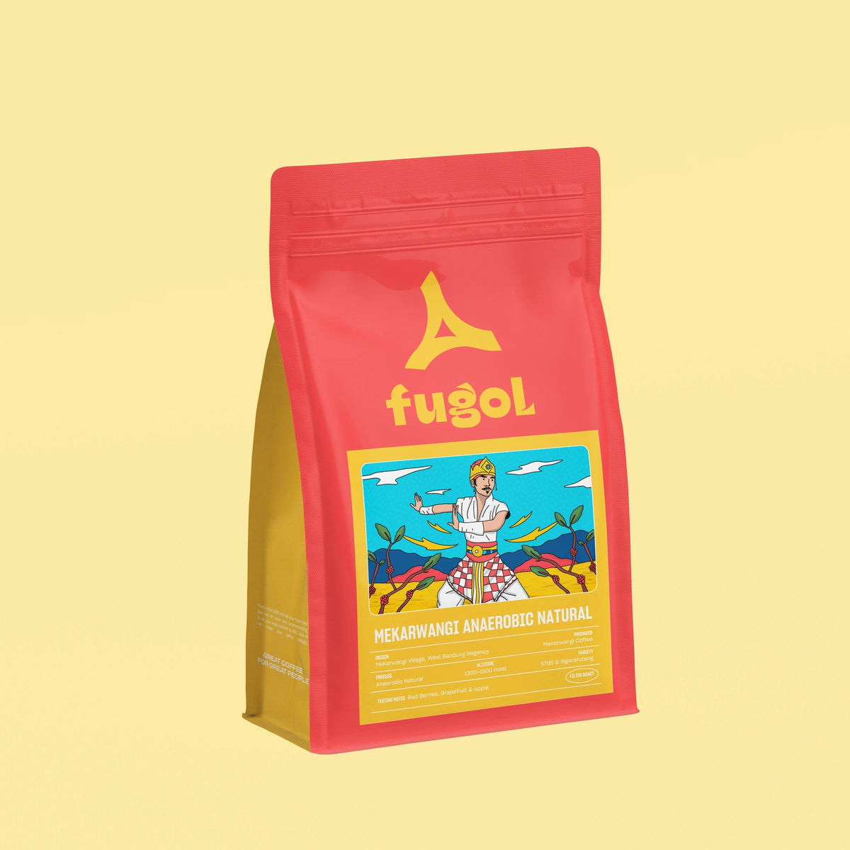 A red stand-up pouch of Fugol Hekawangi Amehungo Natural coffee on a solid pale yellow background.