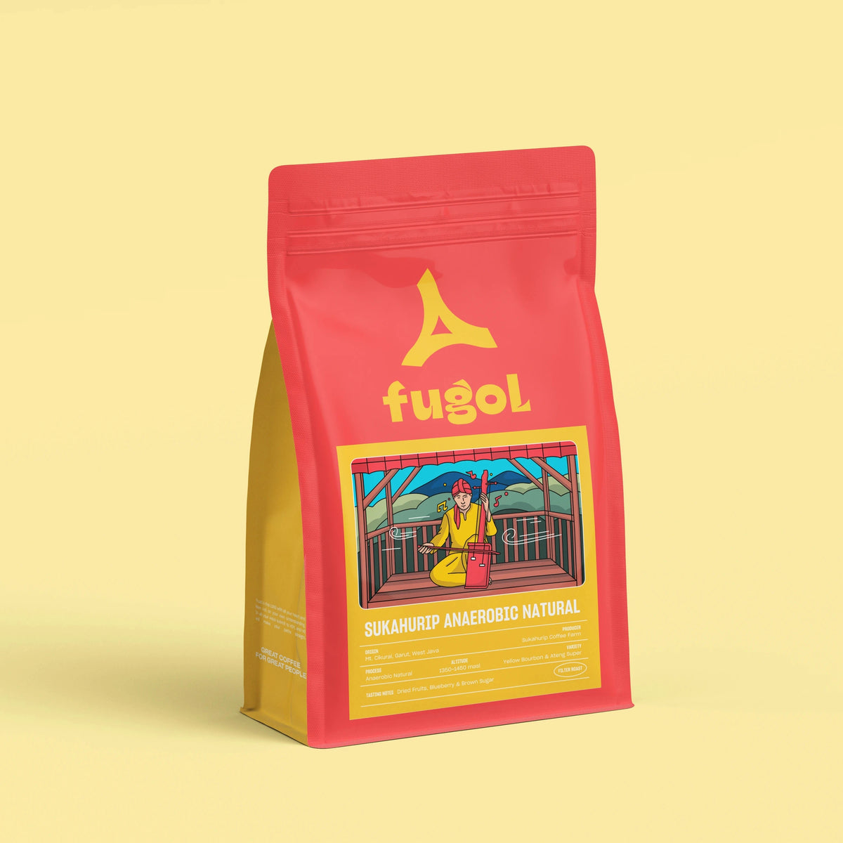 A red stand-up pouch of Fugol Sukanrip Anacohri Natural coffee, featuring a yellow logo and a colorful illustration on the front, set against a solid pale yellow background.