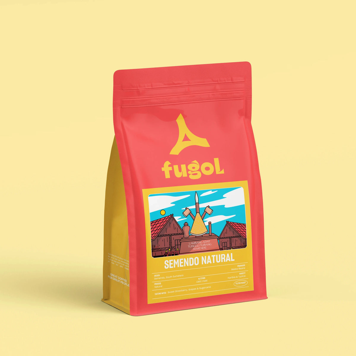 A red stand-up pouch of Fugol Semendo Natural coffee, featuring a yellow logo and a colorful illustration of a windmill, set against a solid pale yellow background.