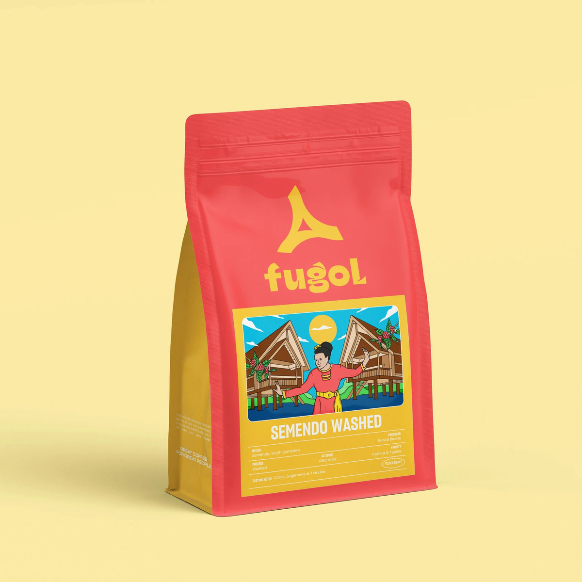 A red stand-up pouch of Fugol Semendo Washed coffee, featuring a yellow logo and a colorful label, set against a solid pale yellow background.
