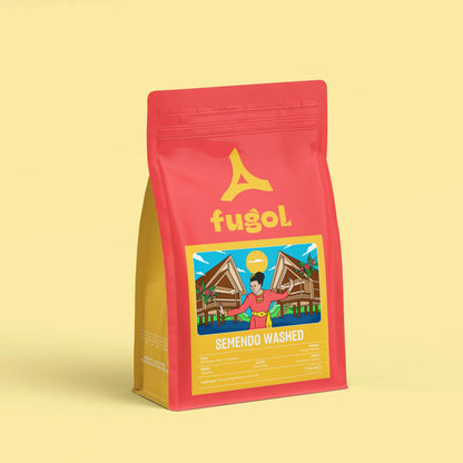A red stand-up pouch of Fugol Semendo Washed coffee, featuring a yellow logo and a colorful label, set against a solid pale yellow background.