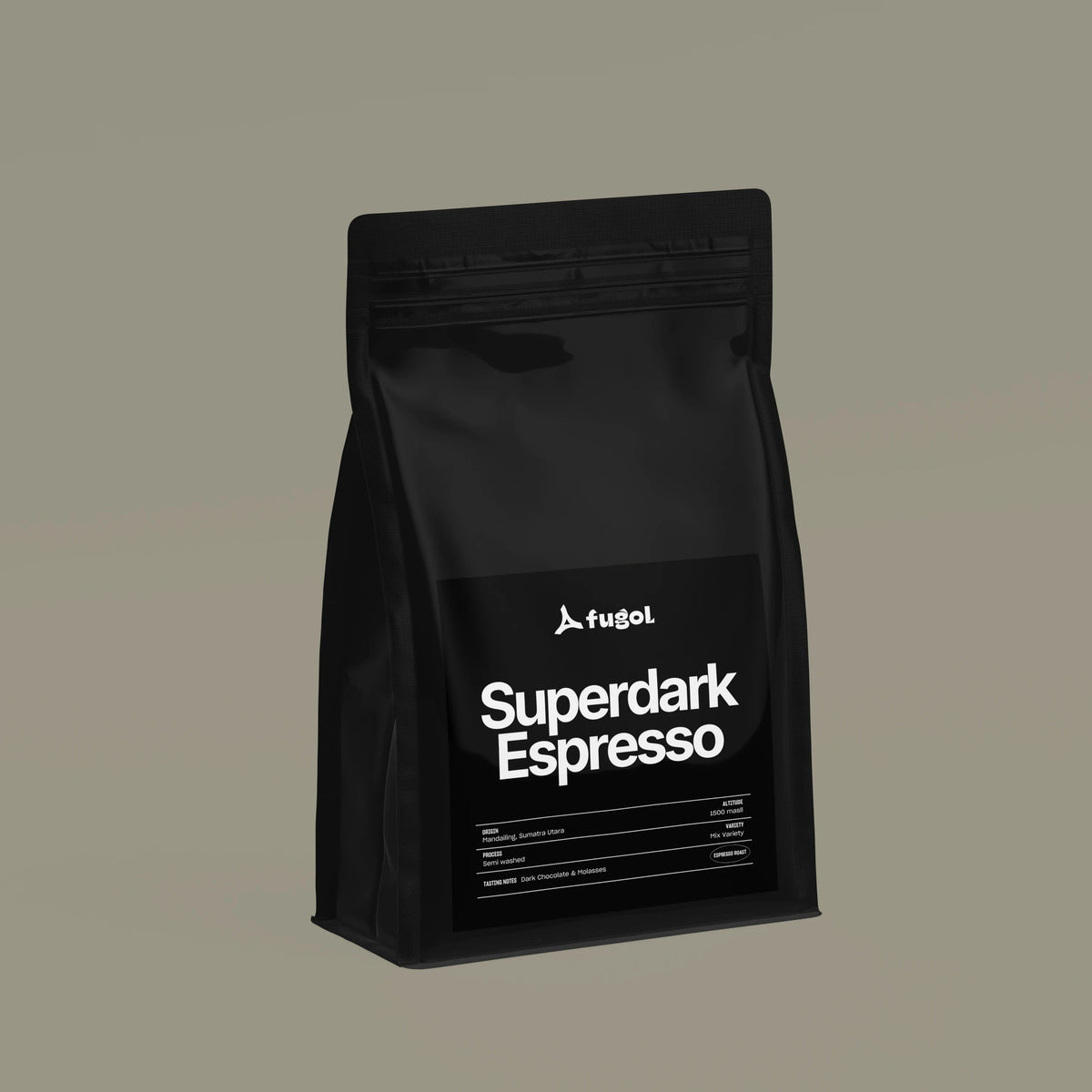 A matte black stand-up pouch of Fugol Superdark Espresso coffee, shown on a solid warm gray background.